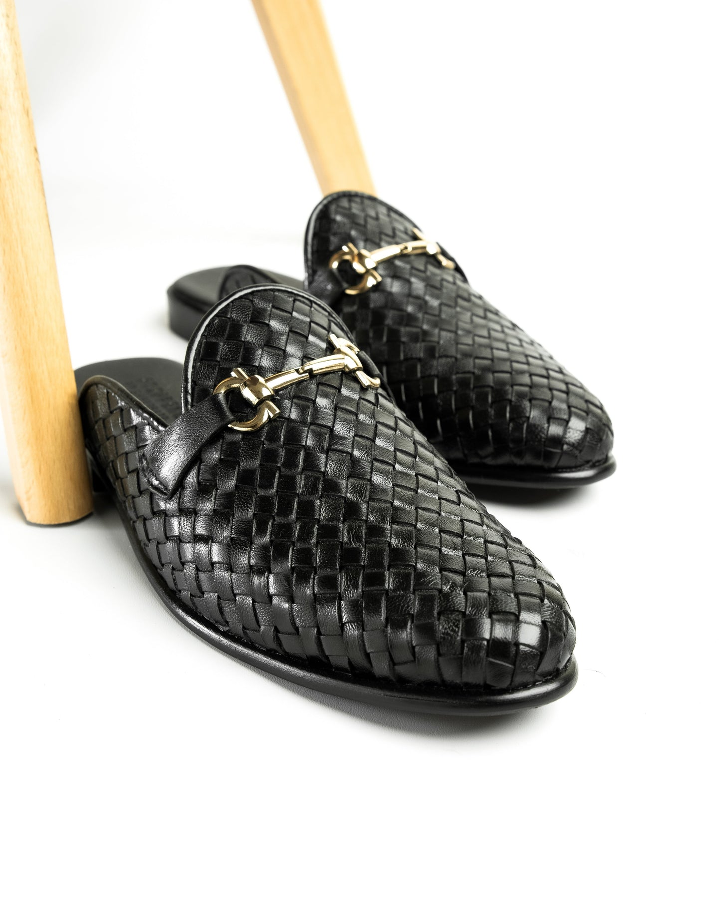 SNS9 Knitted Leather Backless Mules With Buckle In Black Shop n Save Pakistan