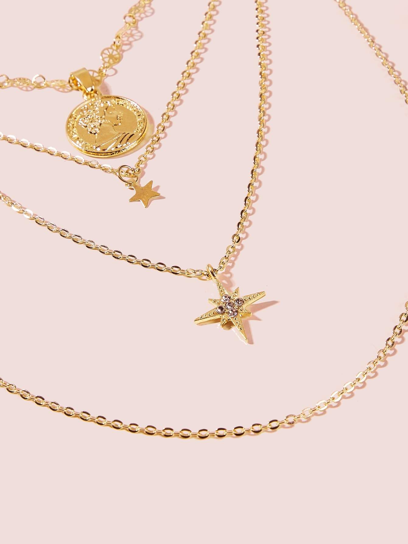 Star & Coin Charm Layered Chain Necklace 2pcs - shopnsave.pk