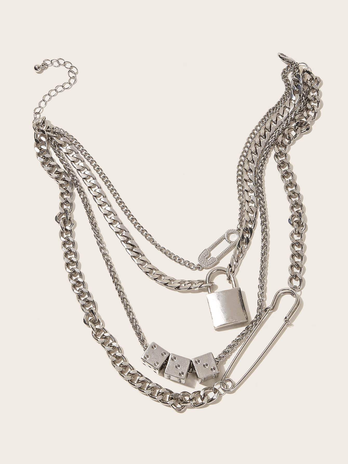 Lock & Clip Decor Layered Chain Choker 1pc - shopnsave.pk