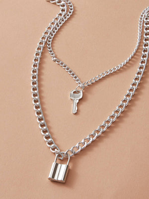 1pc Key & Lock Charm Layered Necklace - shopnsave.pk
