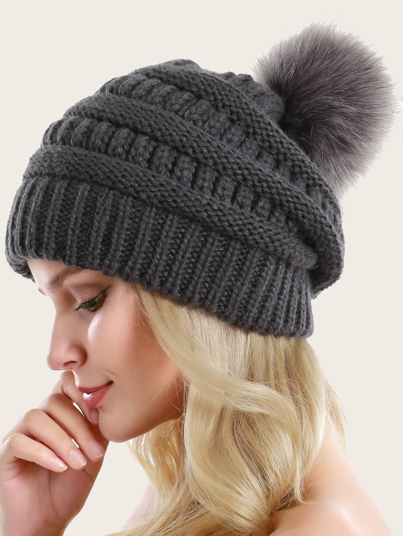 Winter Knit Beanie Hat with Double Pom Pom Ears for Women Girls (Black) 