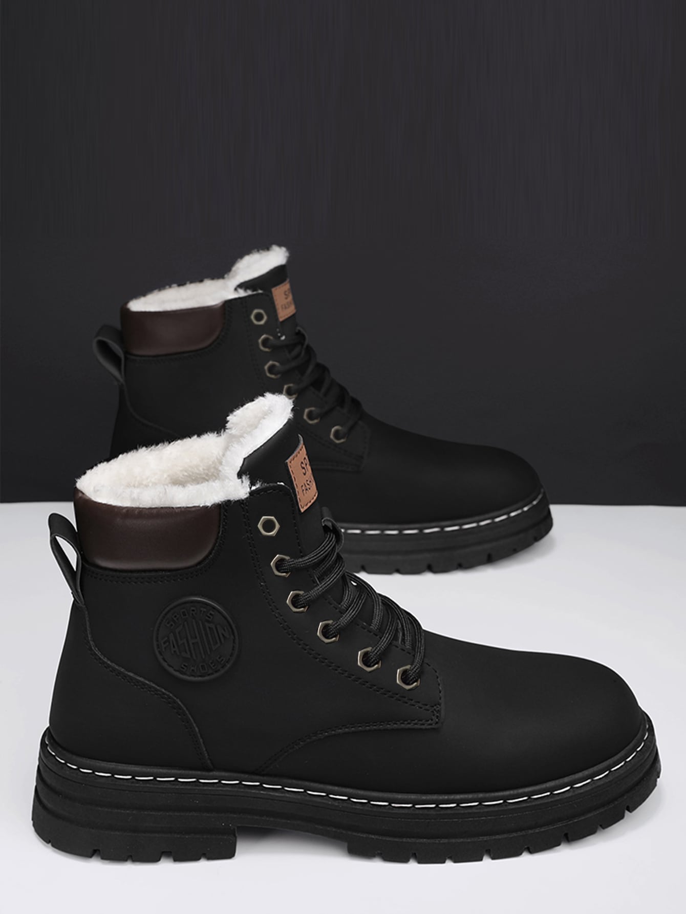 Men Patch Detail Lace-up Front Thermal Lined Combat Boots